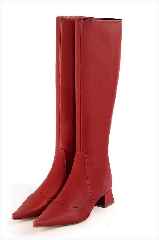 Scarlet red women's feminine knee-high boots. Pointed toe. Low flare heels. Made to measure. Front view - Florence KOOIJMAN